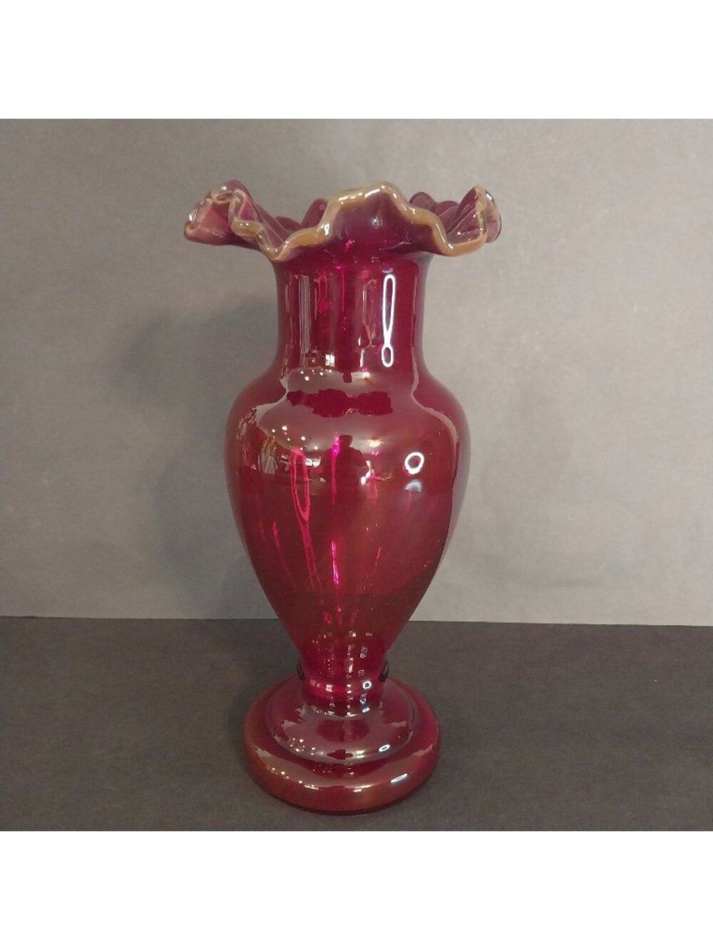 Ruby Red Amberina Glass Vase GLOWS Antique Vintage Ruffled Top